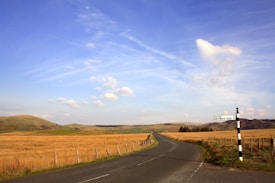 A scenic road winds through an expansive rural landscape of golden fields and gentle hills under a vast, clear blue sky. A black and white signpost indicates directions, adding a sense of travel and exploration.