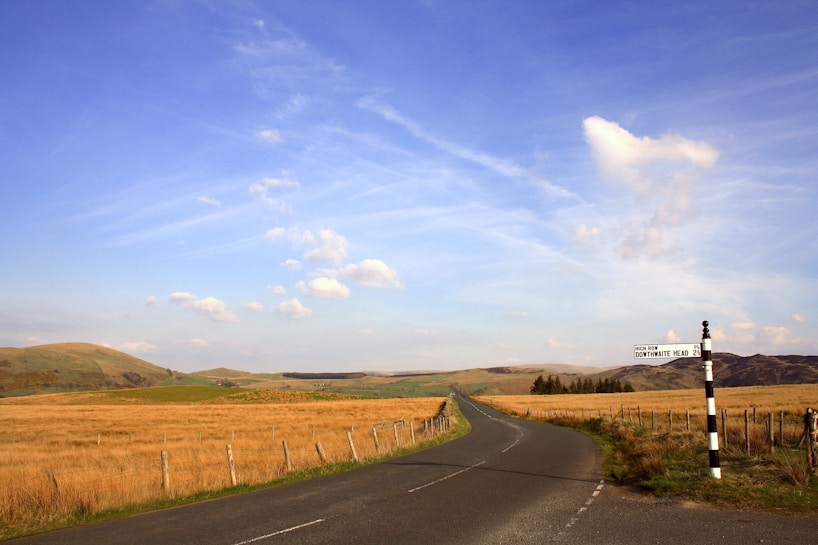 A scenic road winds through an expansive rural landscape of golden fields and gentle hills under a vast, clear blue sky. A black and white signpost indicates directions, adding a sense of travel and exploration.