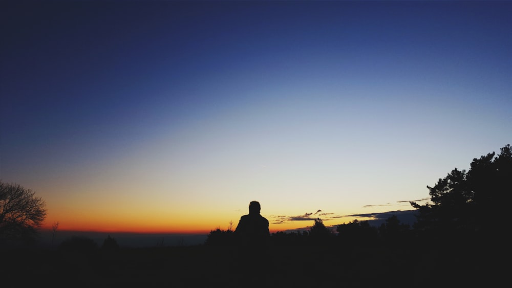 Silhouettenfoto eines Mannes, der zur goldenen Stunde in der Nähe von Bäumen steht