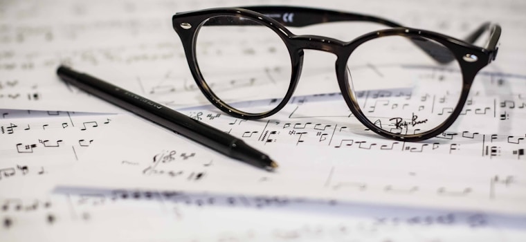 black framed panto-style eyeglasses beside black ballpoint pen