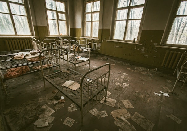 empty room with bed frames