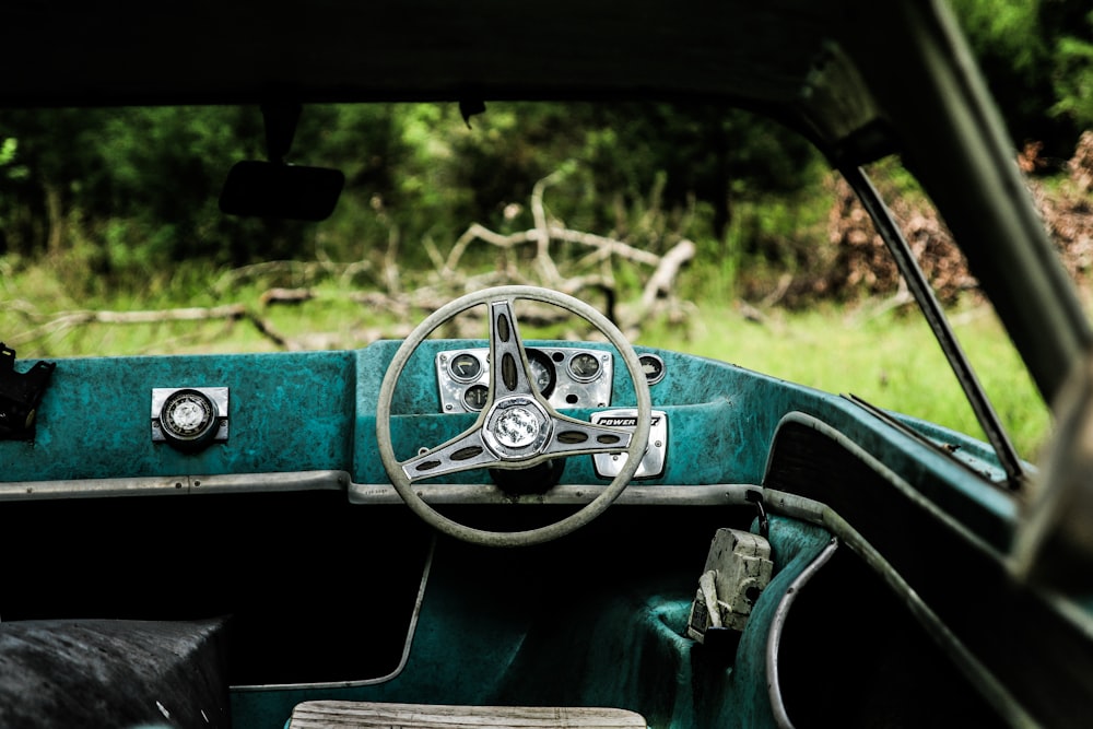 blue and black boat steering wheel interior near green grass field during daytime