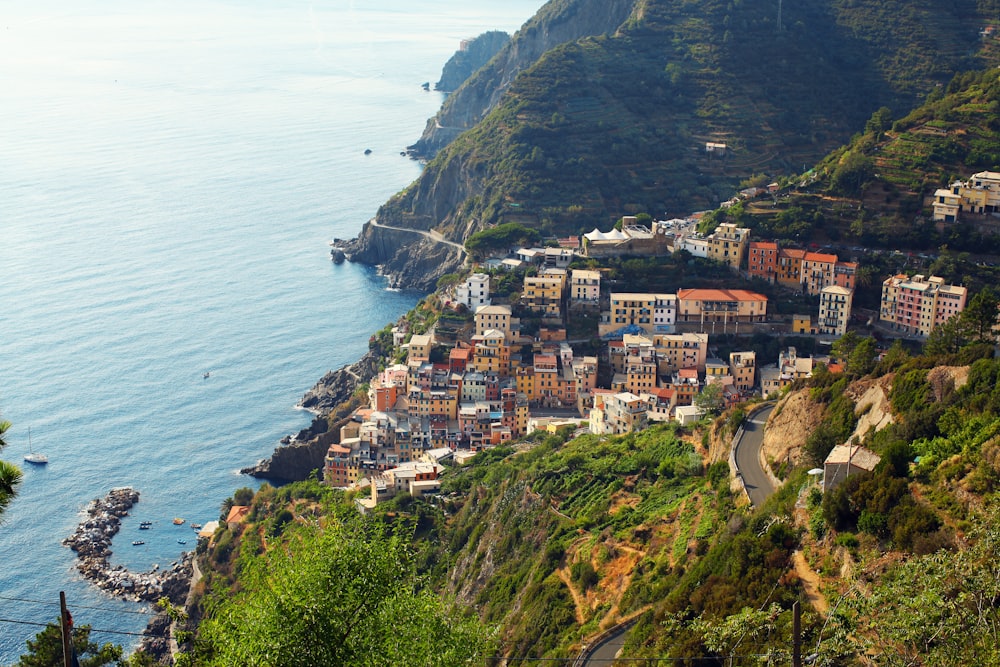 high angle photo of buildings on mountain slope