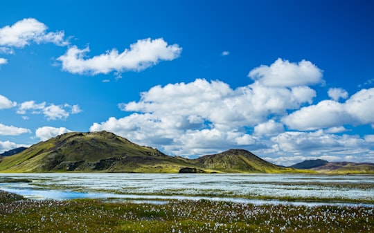 brown mountain near body of water under clear blue and white sky in Landmannalaugar Iceland