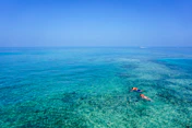 two person swimming on body of water