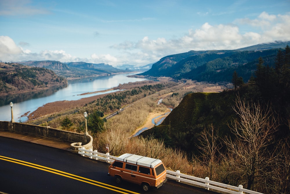 brown van on road