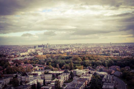 Urban planning model showcasing a mix of residential and industrial buildings.