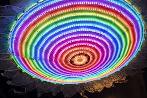 A vibrant circular LED light display with multicolored concentric rings, emitting a bright and colorful glow. The lights transition smoothly from one color to another, creating a rainbow pattern. The outer edge displays a design resembling petals or a sunburst.