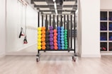 An array of gym accessories including weights and mats.