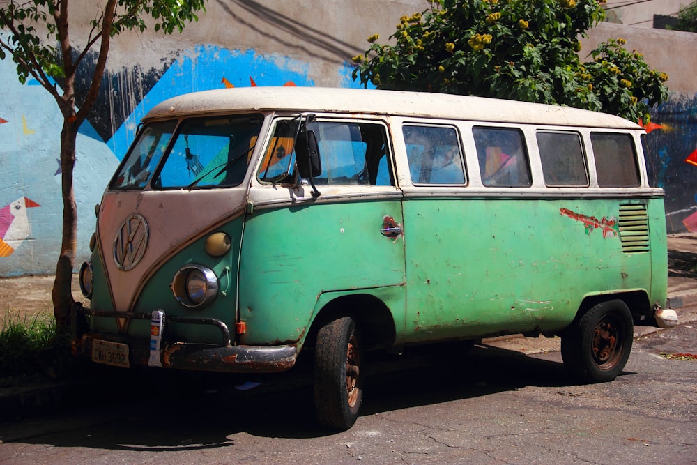 green and white Volkswagen T2