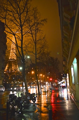 A city street at night with the Eiffel Tower illuminated in the background. The wet pavement reflects the glow of streetlights and the colorful lights from traffic signals and nearby shops. Bare trees line the street, adding a stark contrast against the softly lit tower.