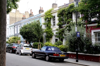 A row of colorful terraced houses adorned with greenery and plants along the facades. Cars are parked on the street in front of the houses, and a clear blue sky can be seen above. The buildings have brick chimneys, and trees and bushes frame the street scene.