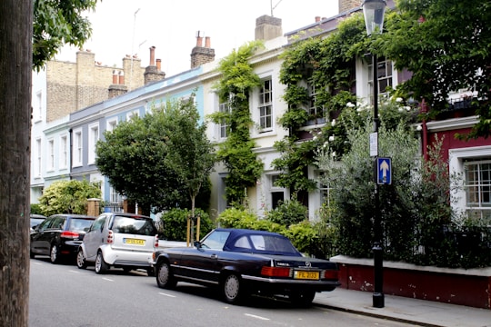 A row of colorful terraced houses adorned with greenery and plants along the facades. Cars are parked on the street in front of the houses, and a clear blue sky can be seen above. The buildings have brick chimneys, and trees and bushes frame the street scene.
