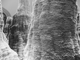 Tall stacks of layered, textured material resembling stalagmites or artistic sculptures with intricate details are present, showcasing a combination of natural and abstract forms.
