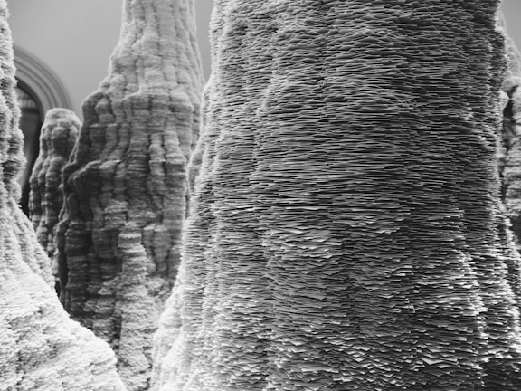 Tall stacks of layered, textured material resembling stalagmites or artistic sculptures with intricate details are present, showcasing a combination of natural and abstract forms.