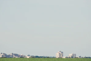 Open land plot framed by a clear blue sky and urban skyline.