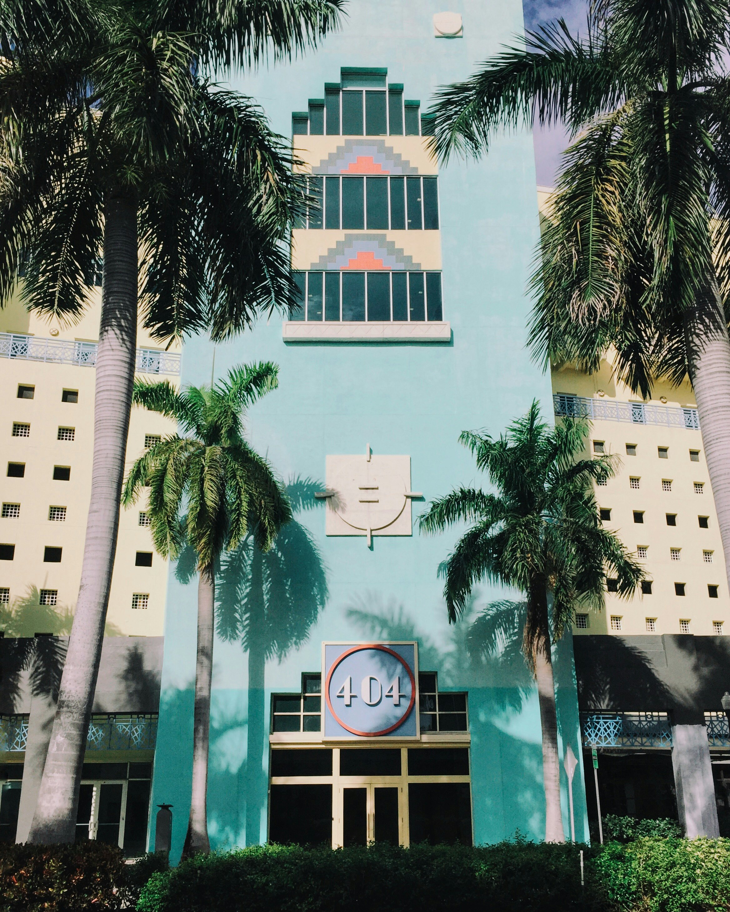 blue 404 concrete building with coconut trees in frontt