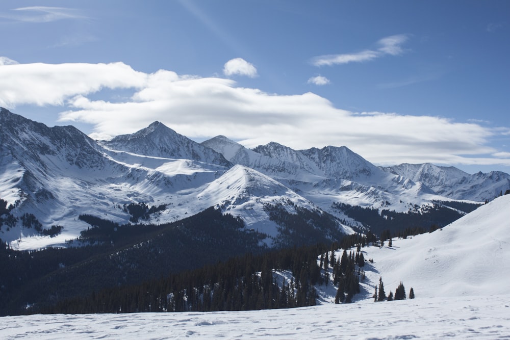 青い曇り空の下の雪に覆われた山