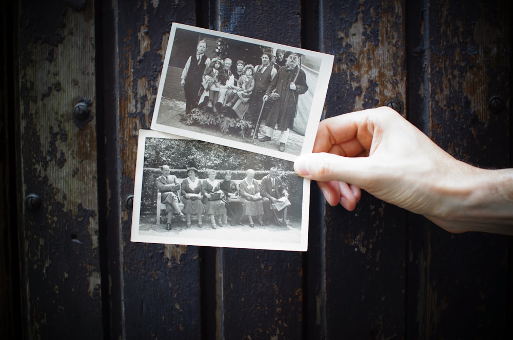 person holding vintage photos
