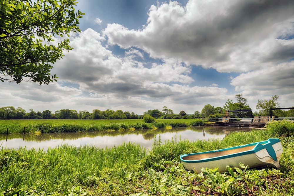 white and green boat on green grass field during daytime