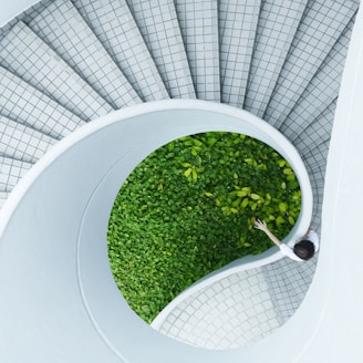 woman standing spiral stairs