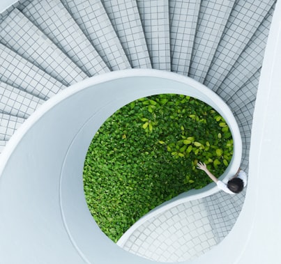 woman standing spiral stairs