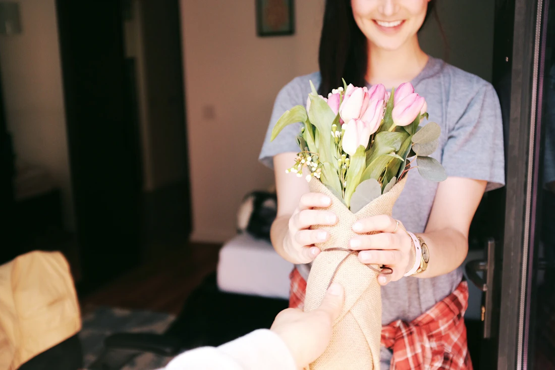 A beautifully wrapped bouquet ready to be delivered