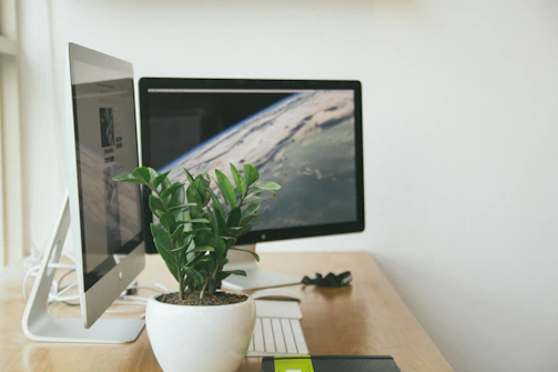 Close-up of a GIS specialist analyzing environmental data on a dual-monitor setup.