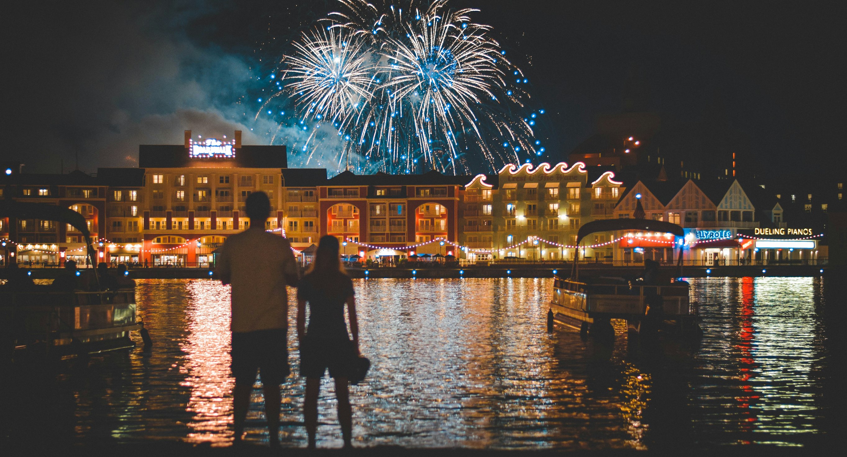 boardwalk with fireworks at Disney World, Kissimmee, FL