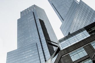 Tall, modern skyscrapers with reflective glass facades reach into a clear sky, conveying a sense of urban sophistication and grandeur.