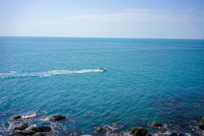 Powerful outboard motor mounted on a fishing boat cutting through calm coastal waters under a clear sky.