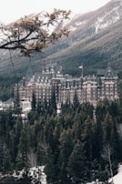 A grand, historic castle-like hotel is nestled among dense, evergreen forests with snowy mountains towering behind it. A Canadian flag is visible on top of the building, indicating its location. A large tree branch extends across the foreground, adding depth to the scene.