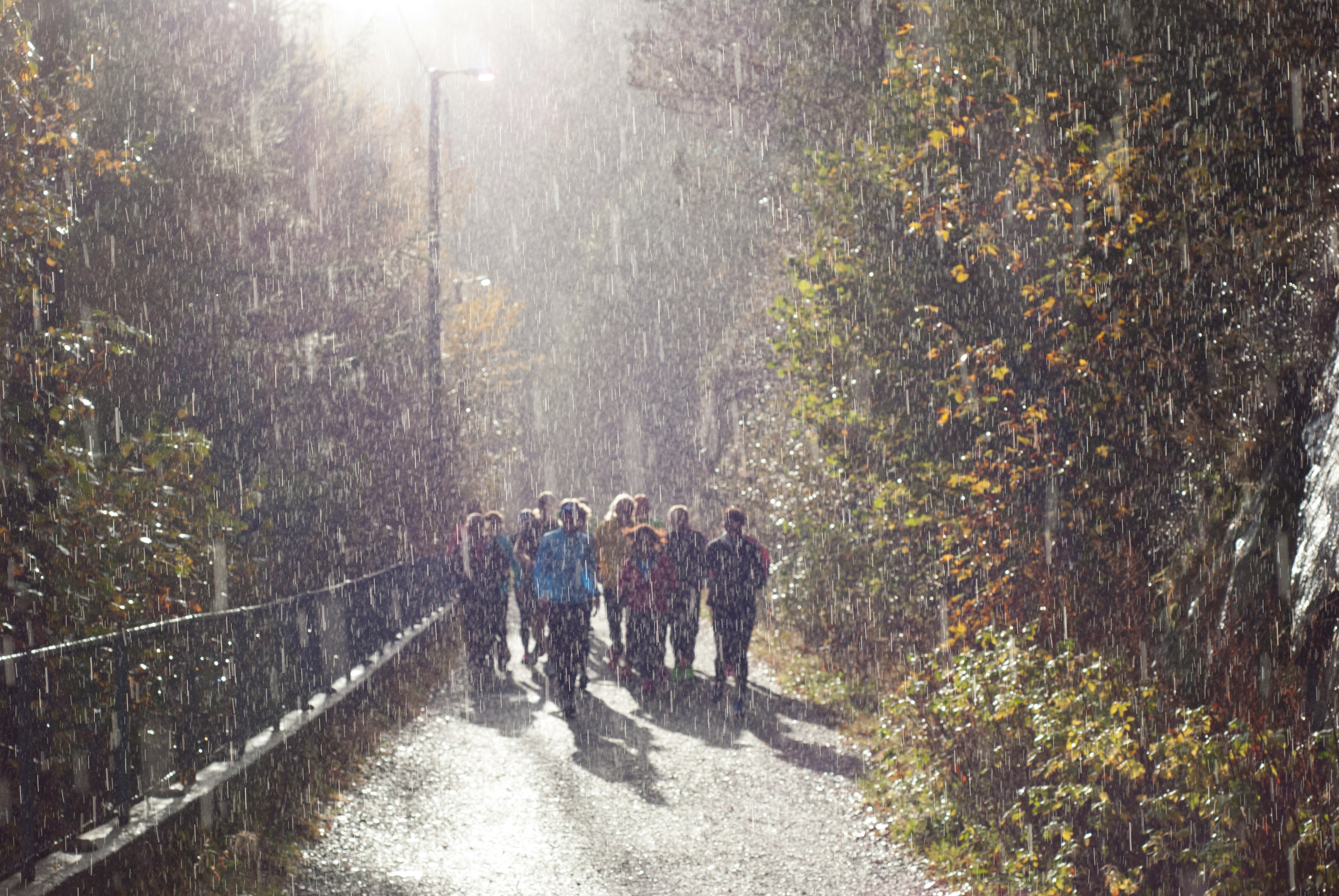 people in pathway during rain