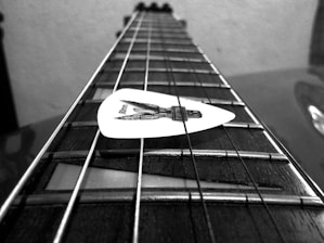 Black and white close-up image of a guitar fingerboard with a white guitar pick placed on the strings. The focus is on the strings and the pick, creating a depth effect along the guitar's neck.