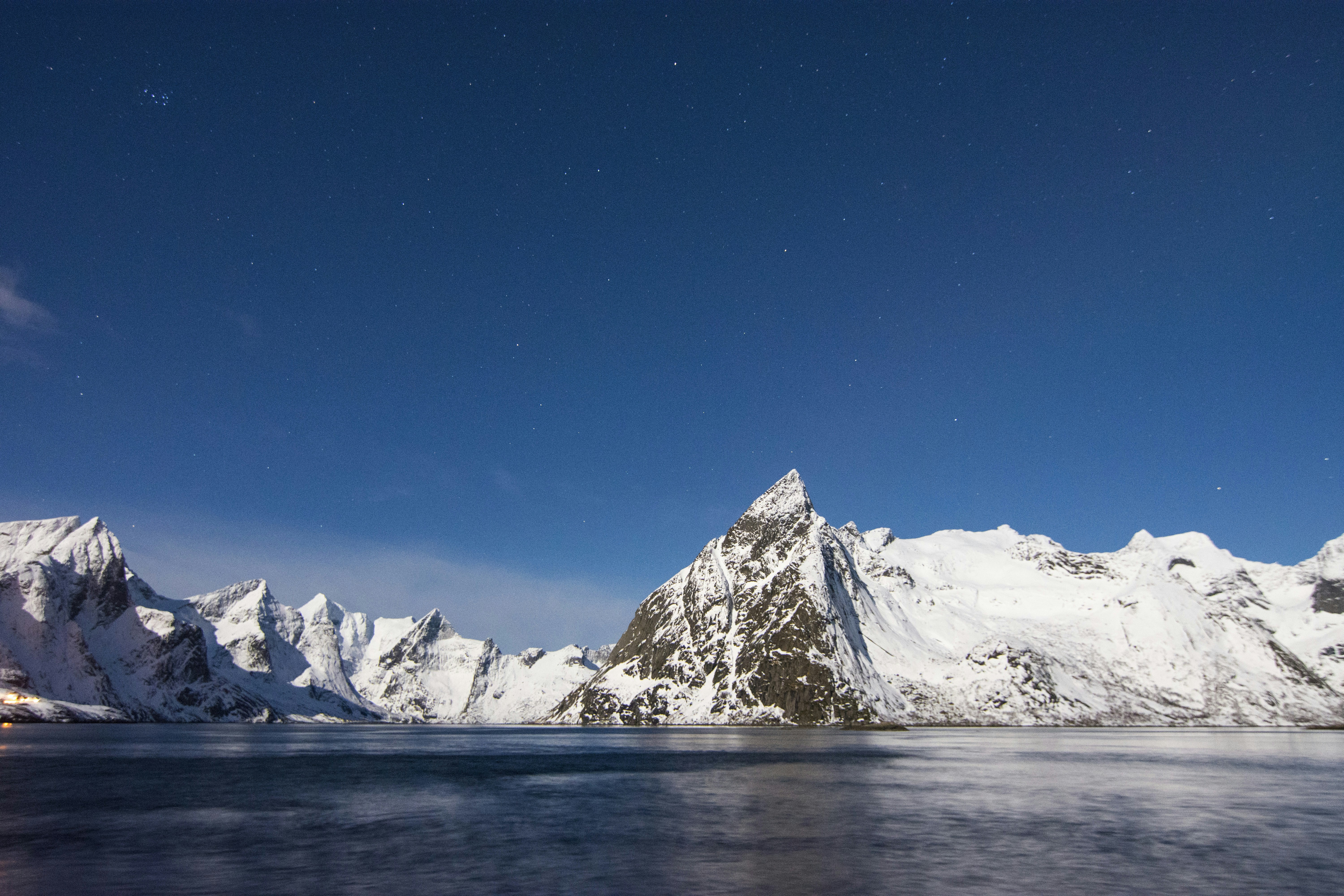 lake near mountain covered with snow