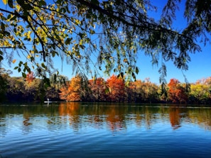 A panoramic view of a wide lake framed by autumn-colored trees, with a single kayak cutting through the water.