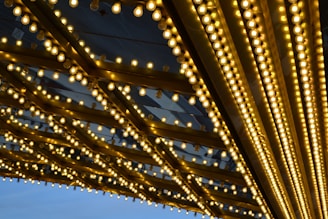 Rows of illuminated marquee lights are arranged diagonally, creating a vibrant pattern against a reflective glass surface.