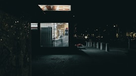 A dimly lit nighttime scene featuring a storefront with metal bars on the windows. Inside, faint light reveals shelves and products. A faintly illuminated sidewalk extends in front of the store, with bollards lined up and a few scattered objects.