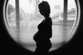 silhouette photography of pregnant woman near window