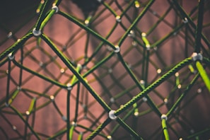 A close-up view of a complex network of green ropes interconnected with metallic joints, forming a geometric pattern. The background is softly blurred, featuring warm lighting that contrasts with the ropes.