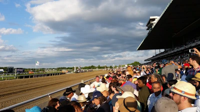 A panoramic view of the horse racing track filled with cheering spectators under a bright blue sky.