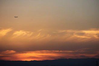 An airplane flying above soft clouds during sunset, symbolizing flight ticket services.