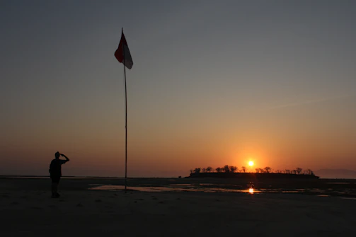 Sunset silhouette of veterans saluting beside their parachutes.