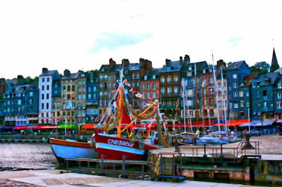 A vibrant port bustling with boats and colorful buildings along the waterfront.