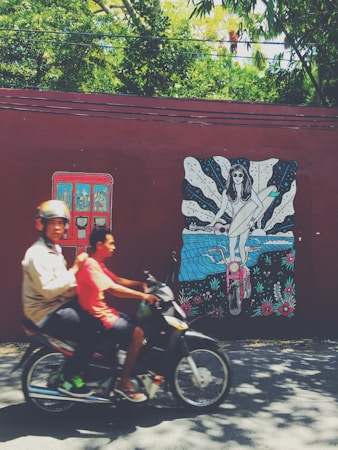 A mural depicting a stylized woman riding a motorcycle is painted on a maroon wall. The woman is surrounded by abstract patterns and vibrant flowers. In the foreground, two people on a motorbike ride past the mural. Above, green trees and wires cross the scene.