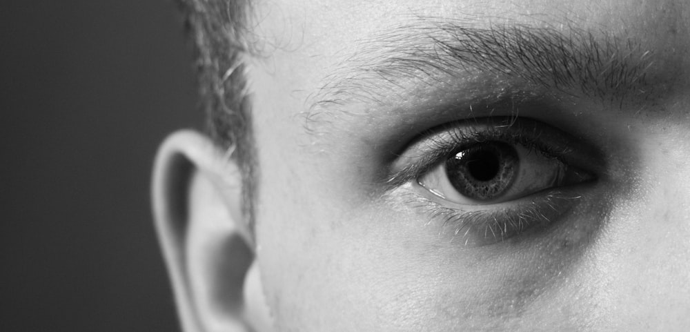 grayscale photography of person's right eye