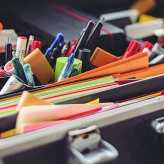 assorted pen and colored papers in organizer case