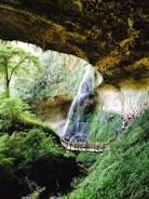 A scenic view inside a lush green cave-like structure with a waterfall cascading down a rocky wall. A wooden walkway with railings spans the scene, featuring a group of people observing the natural beauty around them. Stalactites hang from the ceiling and dense foliage surrounds the area, enhancing the serene and natural atmosphere.