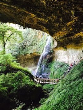 A scenic view inside a lush green cave-like structure with a waterfall cascading down a rocky wall. A wooden walkway with railings spans the scene, featuring a group of people observing the natural beauty around them. Stalactites hang from the ceiling and dense foliage surrounds the area, enhancing the serene and natural atmosphere.