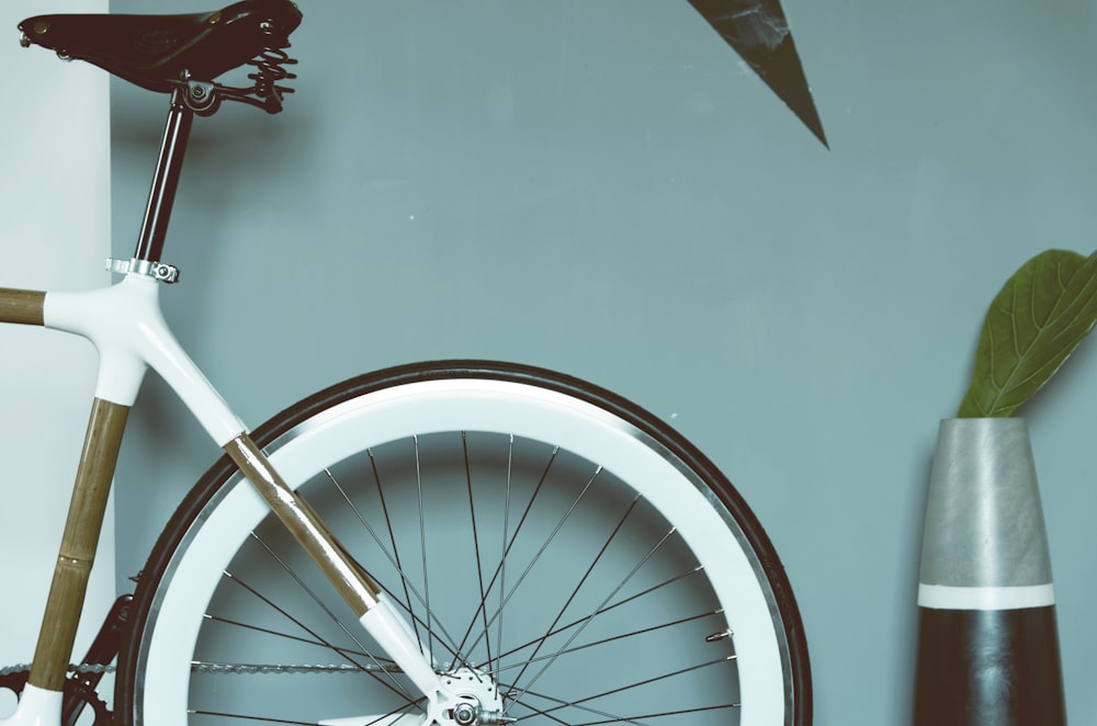 bici vicino al muro e vaso con pianta